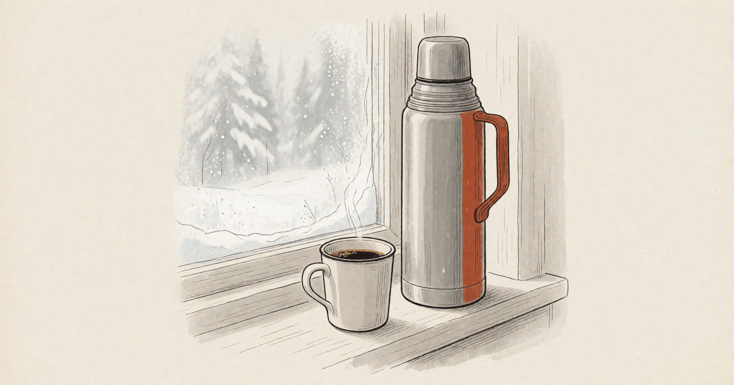 Pen-and-wash illustration on a cream background: a thermos flask in rust orange on a snowy cabin windowsill beside a cooling cup of coffee, frost on the glass.