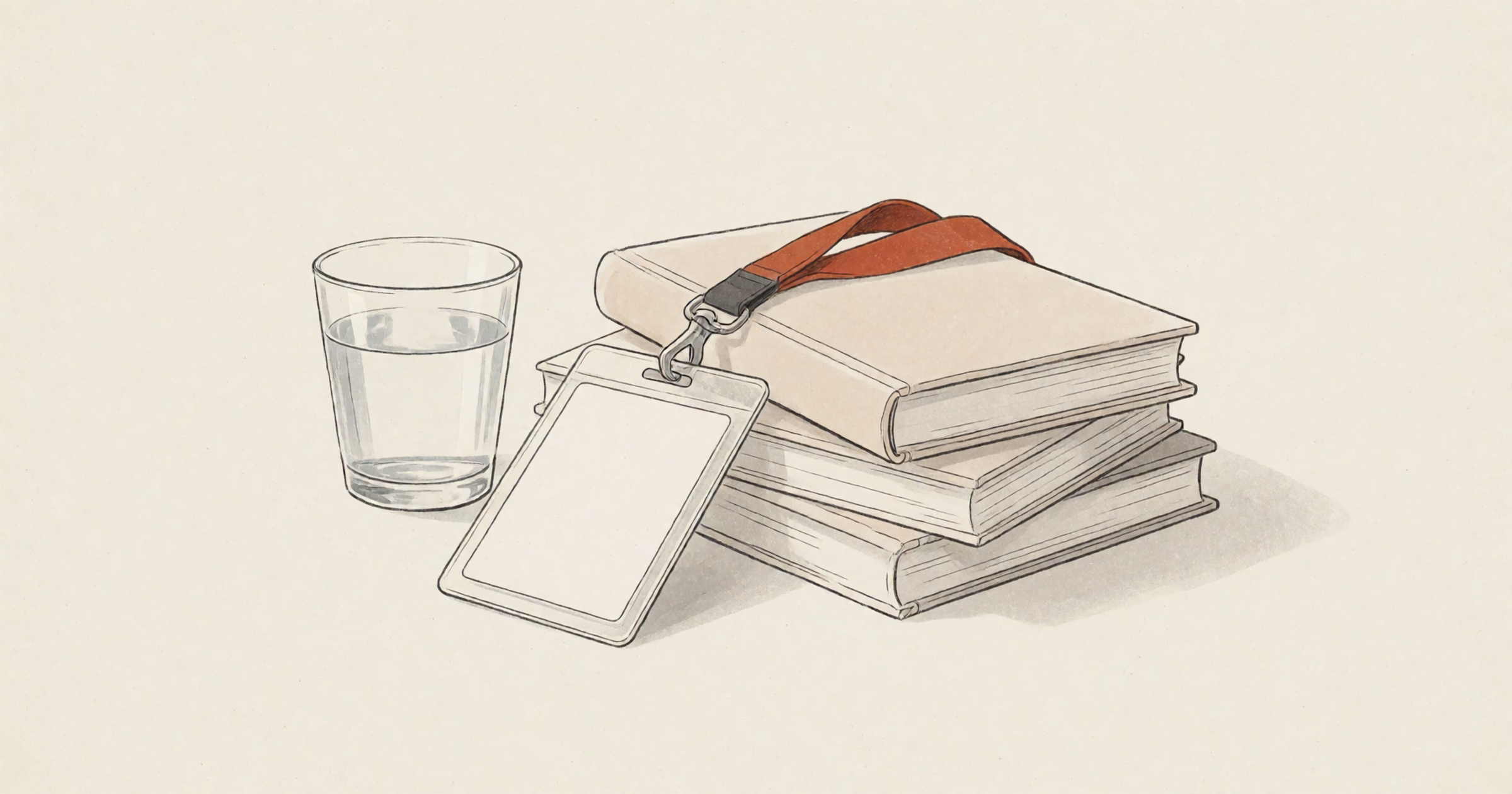 Pen-and-wash illustration on a cream background: a blank conference badge on a rust-orange lanyard draped over a small stack of books beside a glass of water.