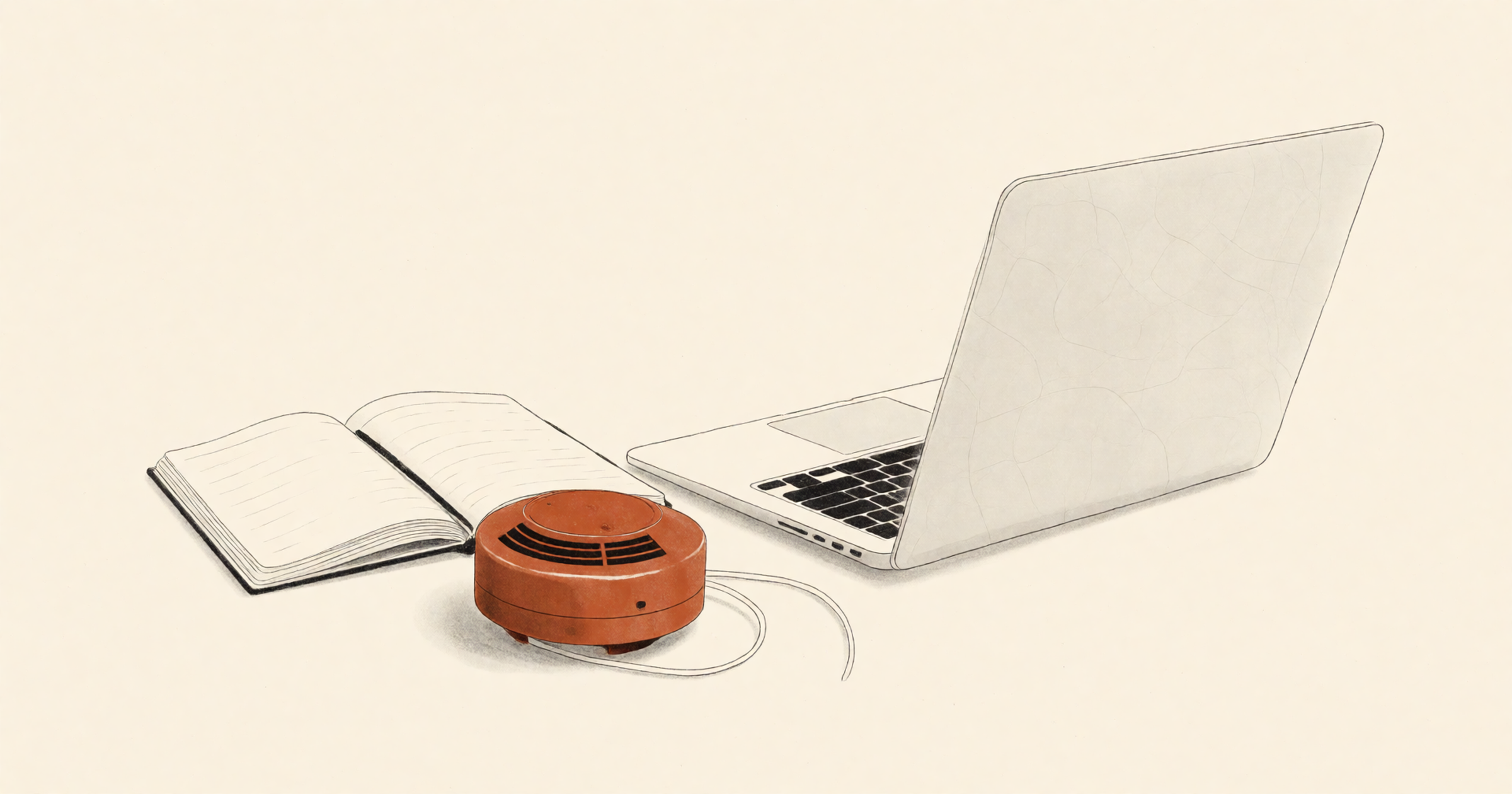 Pen-and-wash illustration on a cream background: an open notebook and an open laptop on a desk, with a round orange detector, shaped like a smoke alarm, sitting between them, its cord lying loose and unplugged.