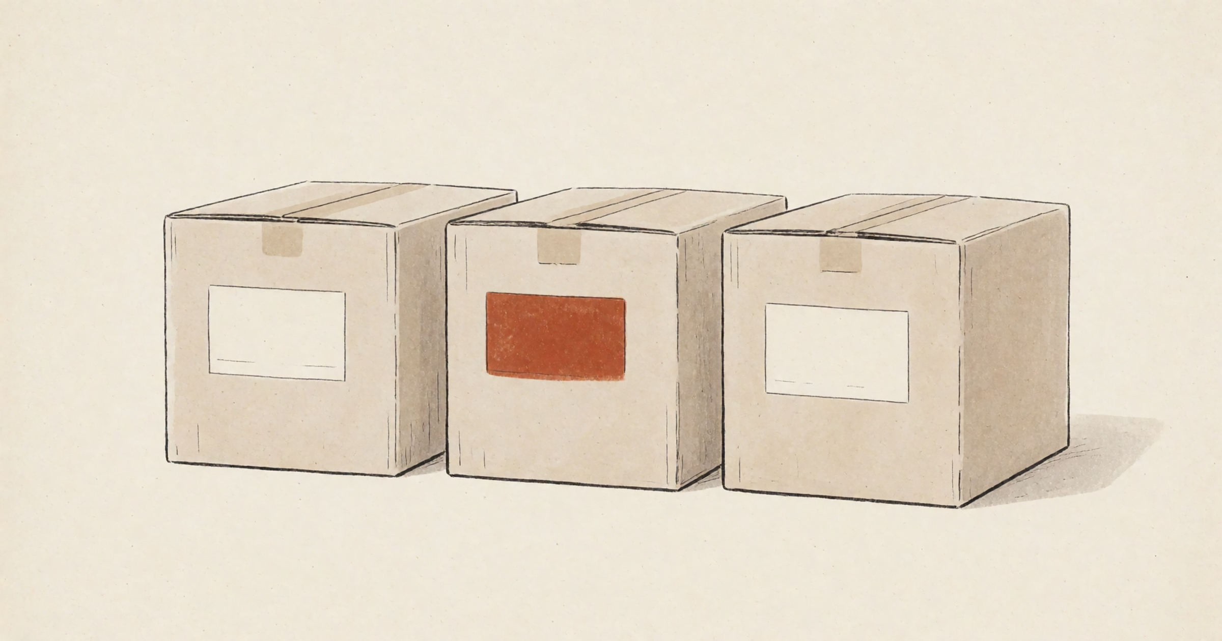 Pen-and-wash illustration on a cream background: three identical plain cardboard boxes in a row, each with a label on its front; two labels are white, and the middle box's label is rust-orange.
