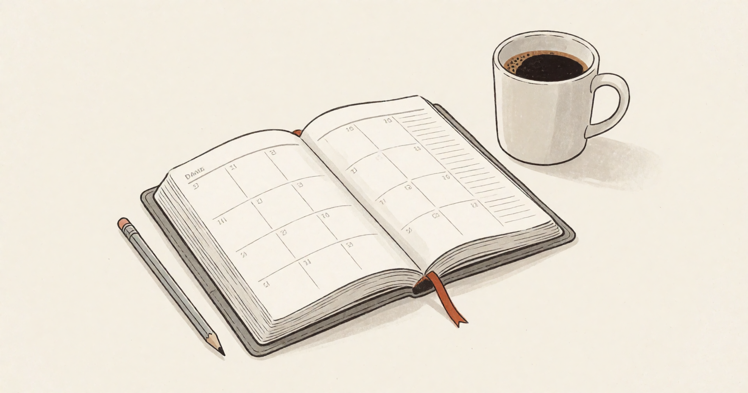 Pen-and-wash illustration on a cream background: an open paper day planner with a pencil and a mug of coffee, a rust-orange ribbon bookmark trailing from the planner.