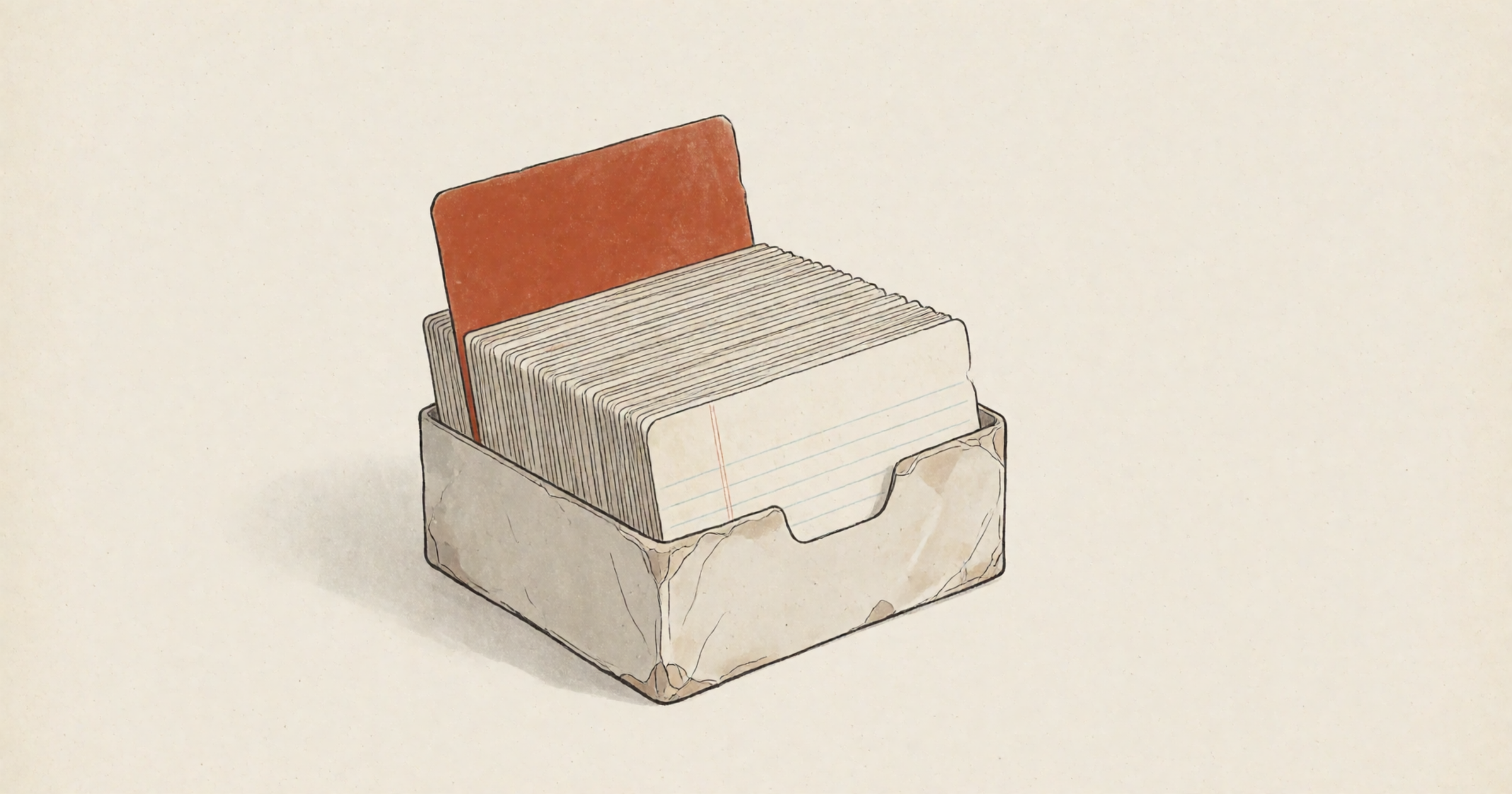 Pen-and-wash illustration on a cream background: a worn, dog-eared recipe card box crammed with index cards, one rust-orange card pulled halfway up.