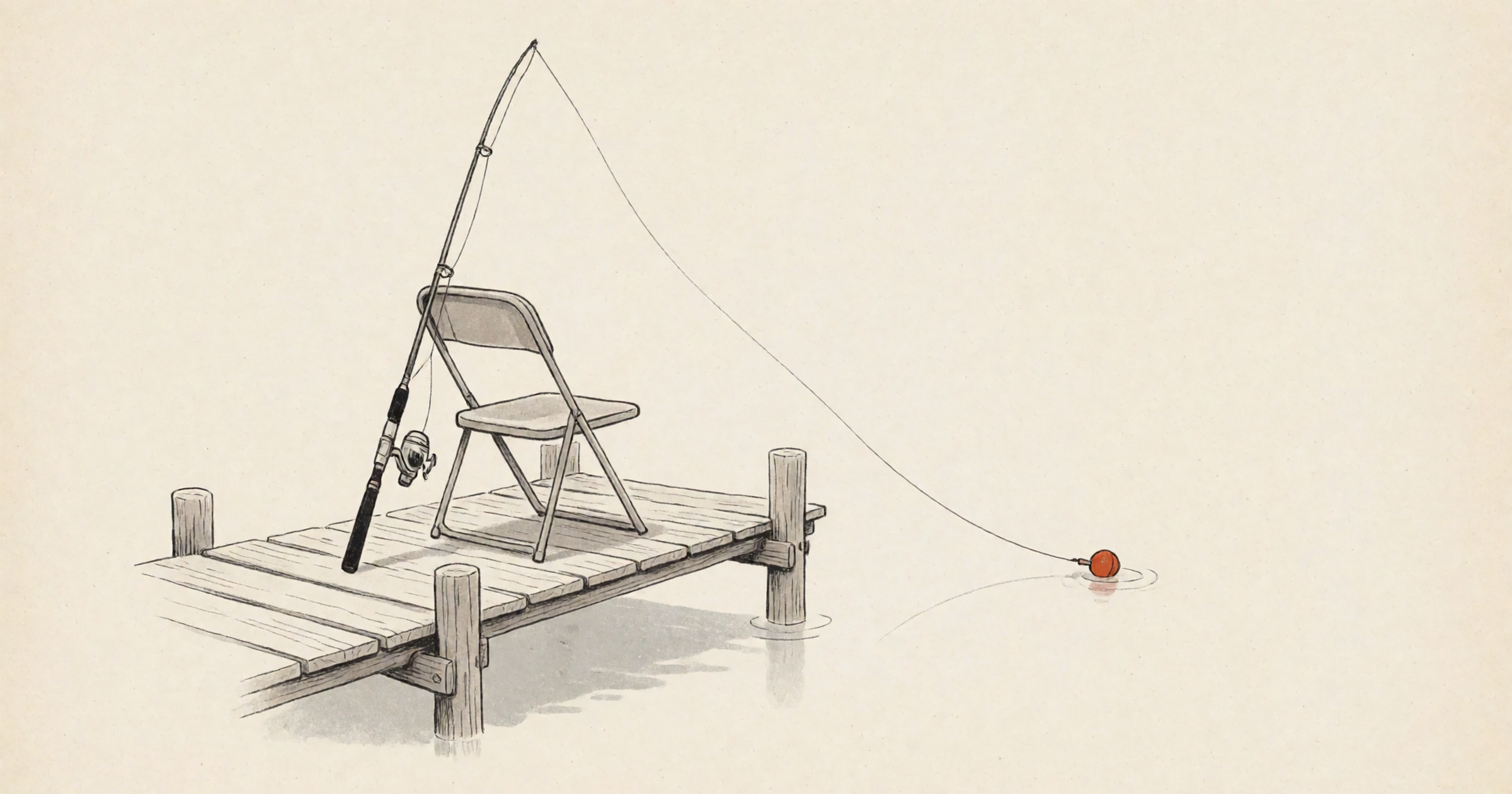 Pen-and-wash illustration on a cream background: an empty folding chair at the end of a small wooden pier, a fishing rod propped against it, its line running out to a rust-orange bobber on still water.