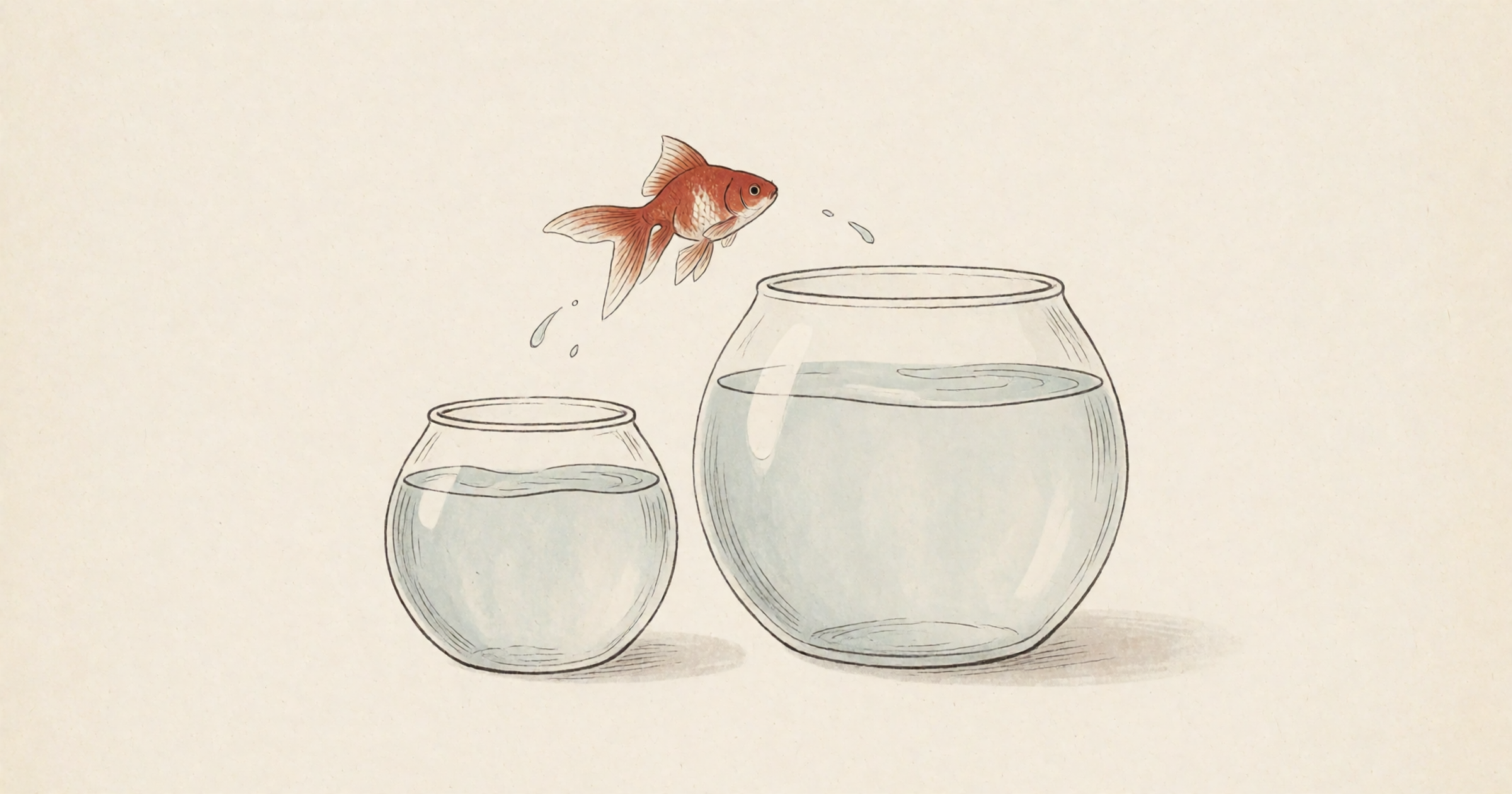 Pen-and-wash illustration on a cream background: a rust-orange goldfish leaping in an arc from a small round fishbowl into a larger empty one beside it.