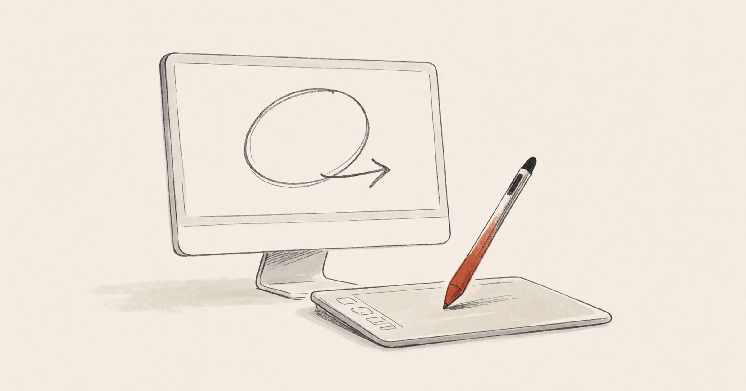 Pen-and-wash illustration on a cream background: a rust-orange stylus resting on a pen tablet in front of a monitor with a loose hand-drawn circle and arrow on its screen.