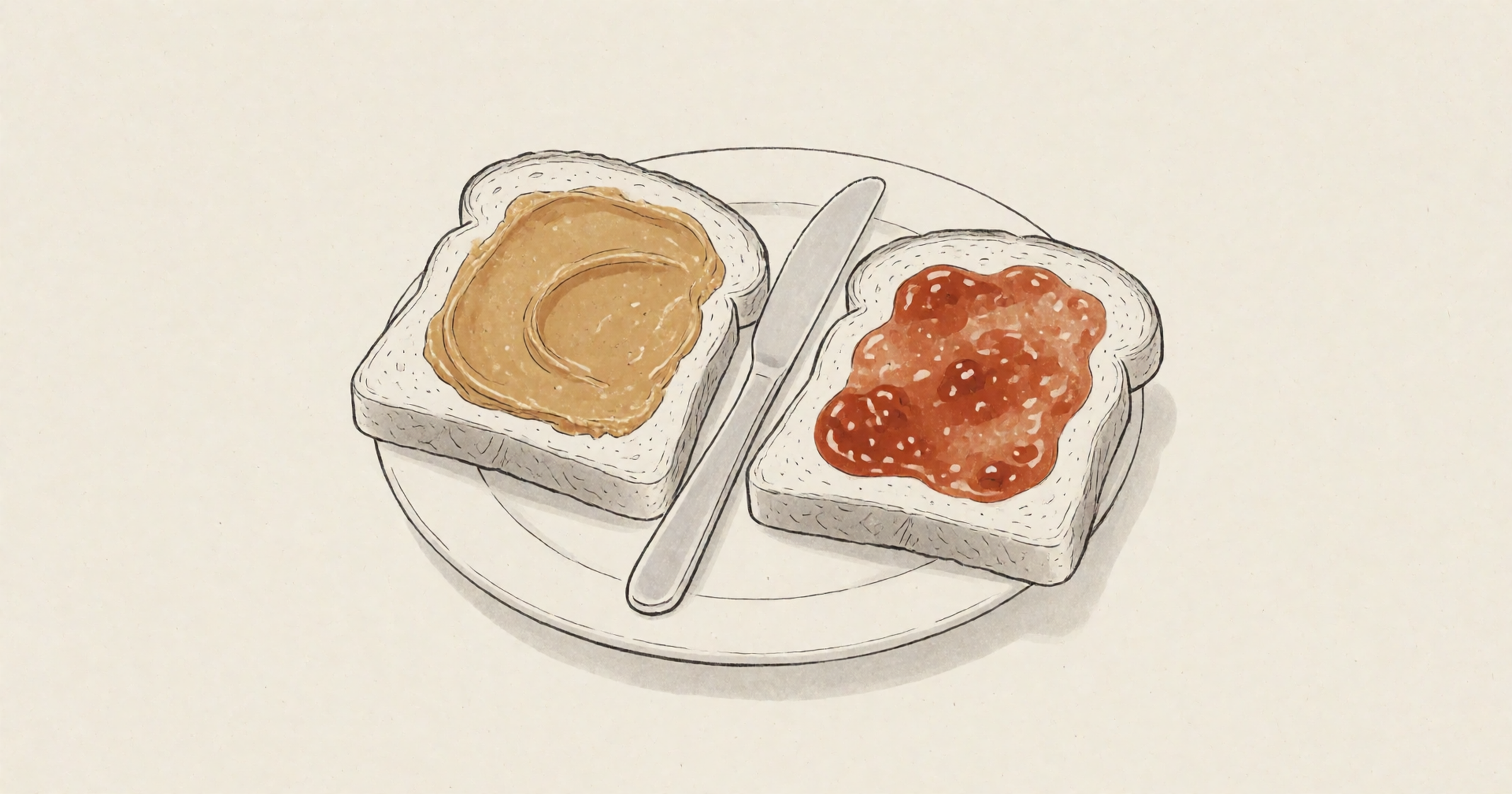 Pen-and-wash illustration on a cream background: two slices of bread on a plate, one with peanut butter and one with rust-orange jam, a butter knife between them.