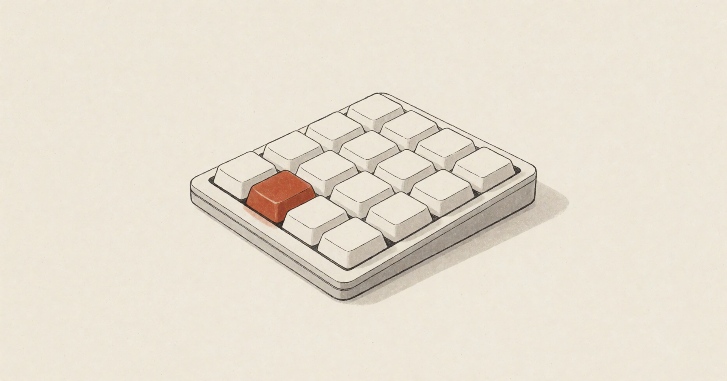 Pen-and-wash illustration on a cream background: a small desktop keypad with a grid of fifteen blank square keys, one rust-orange key pressed down.