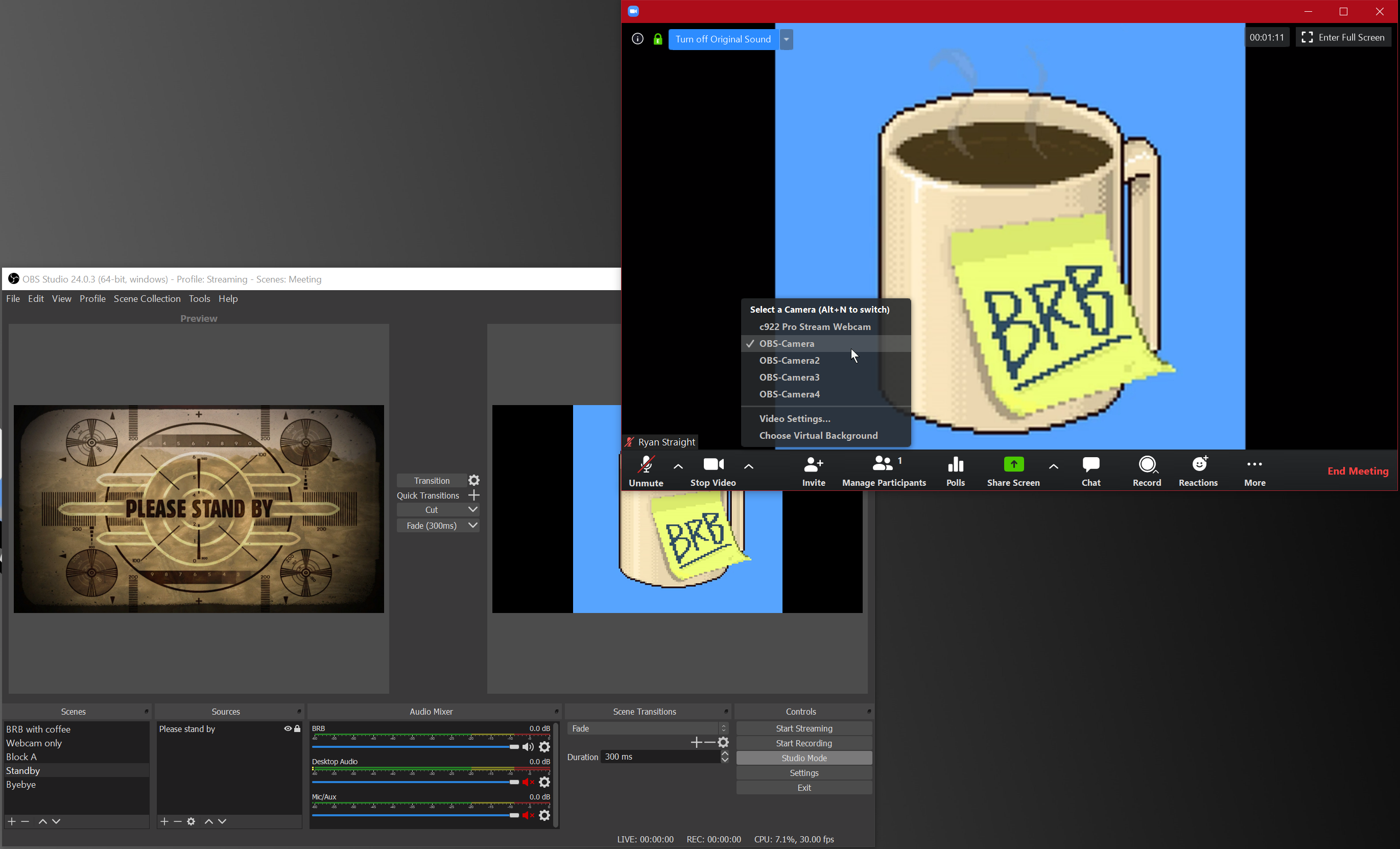 Screenshot of OBS Studio in Studio Mode showing a Please Stand By scene, beside a Zoom window using the OBS-Camera virtual webcam with a pixel-art coffee mug BRB screen.