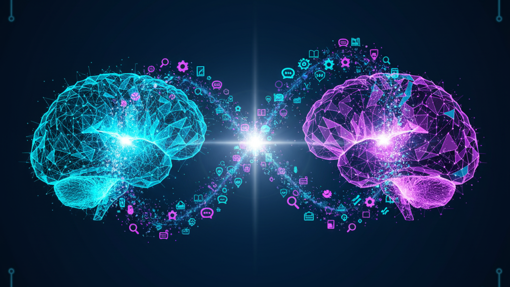 Decorative banner featured image. Stylzed brains, one biological and one digital, sharing thoughts represented by streams of light.